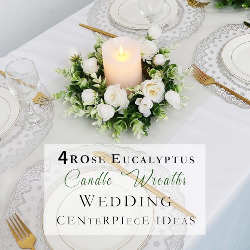 Acmee 4 Pcs White Rose Candle Rings - Artificial Floral Wreaths with Eucalyptus Leaves Greenery Garland for Pillar Candleh...