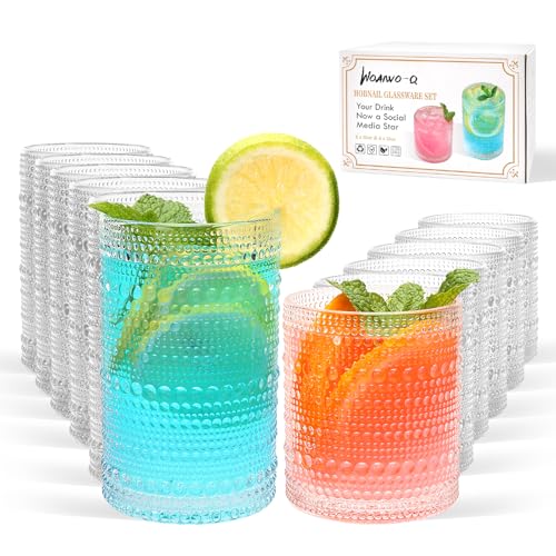 Hobnail Drinking Glasses Set of 12,12 oz Highball Glasses & 10 oz Cocktail Glasses,Clear Embossed Glass Cups,Kitchen Water...