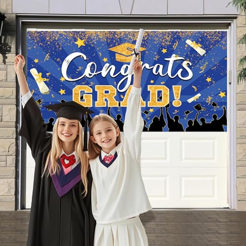 2026 Congrats Grad Graduation Backdrops 10x8 FT Blue and Gold Picture Background Class of 2026 Graduation Prom Party Banne...