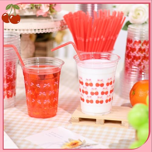 Yoiemivy 100 Pcs Cherry Disposable Plastic Cups with Straws 16 oz Cute Cherry Beverage Drinking Cups for Holiday Party Fav...