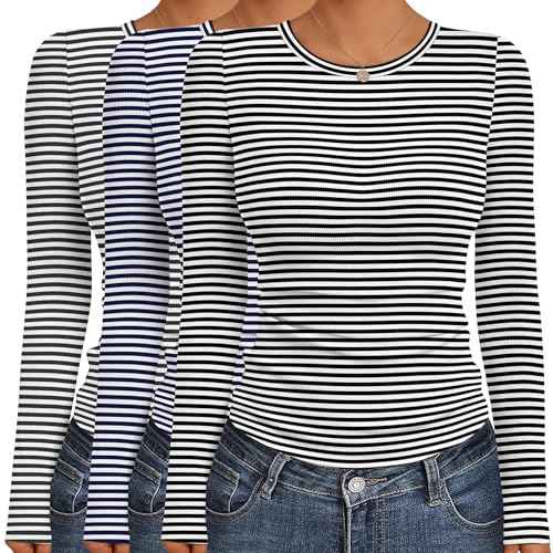 Ekouaer Women's Long Sleeve Shirts 3 Packs Crew Neck Stretchy Fitted Tops Ribbed Base Layer Soft Thermal Undershirts Tee