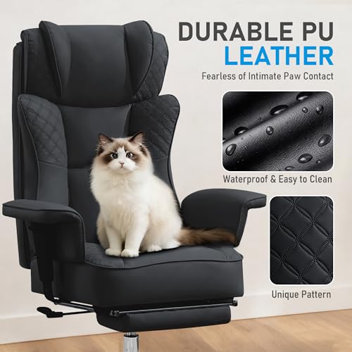 OwgeinSet Big and Tall Office Chair, Ergonomic Leather Reclining Chair with Footrest, High-Back Comfy Executive Computer D...