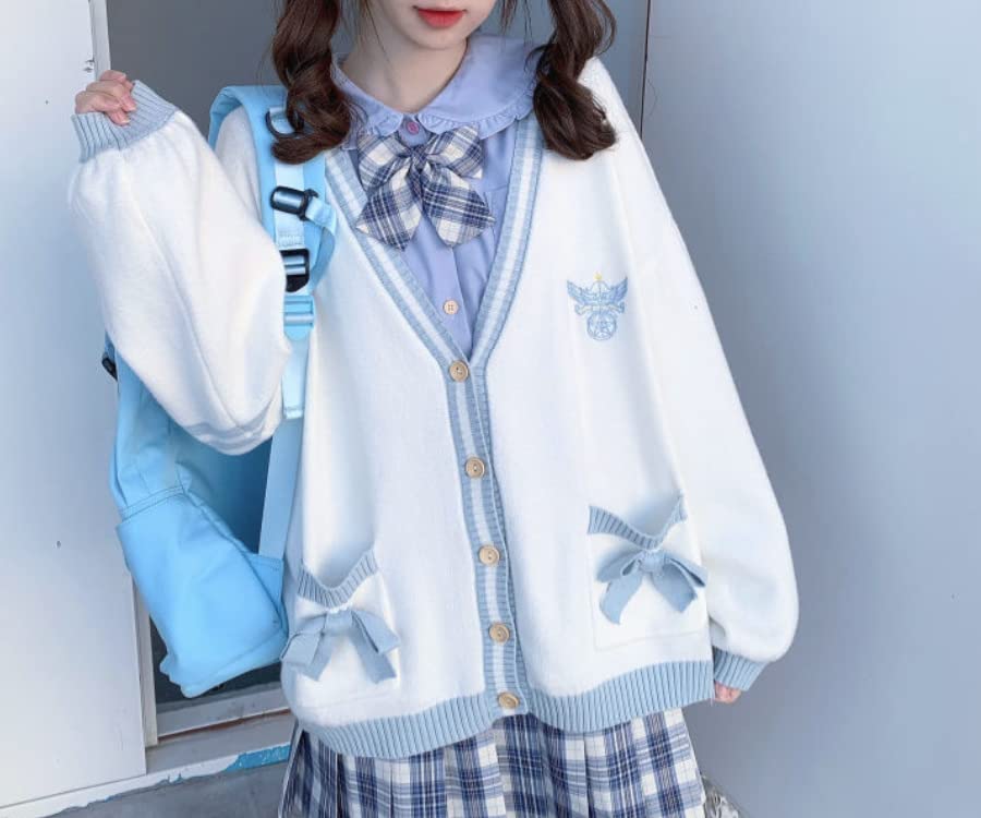 Preppy Aesthetic Clothes for Teen Girls Cute Cardigan Kawaii Cardigan JK Uniform Knit Sweater Cute School Cosplay Sweater (M,A Blue)