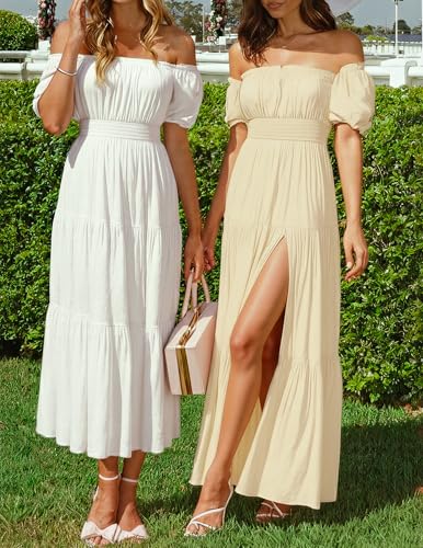 ZESICA Women's 2026 Boho Sexy Off Shoulder Short Sleeve Smocked Side Split Flowy A Line Tiered Long Maxi Dress with Pockets