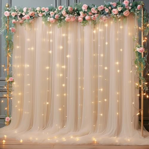 10x10ft Champagne Tulle Backdrop Curtain with Lights String for Parites, Sheer Backdrop Curtains for Wedding Baby Shower B...