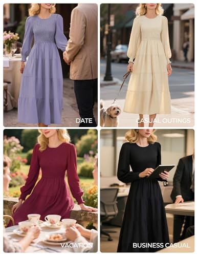 GRACE KARIN Women's Fall Long Sleeve Dresses, 2025 Wedding Guest Midi Dress, Smocked A Line Flowy Dresses with Pockets