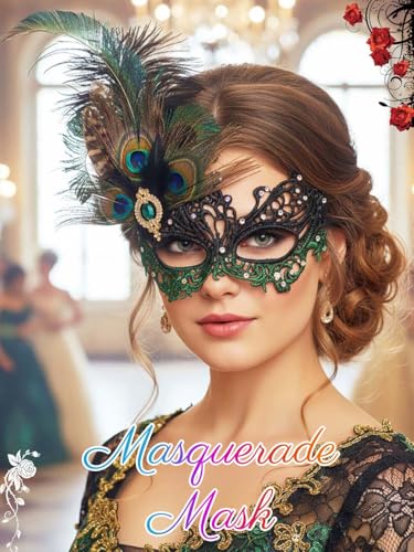 Campsis Rhinestone Masquerade Mask, Green Masquerade Ball Mask, Feather Party Masks for Women