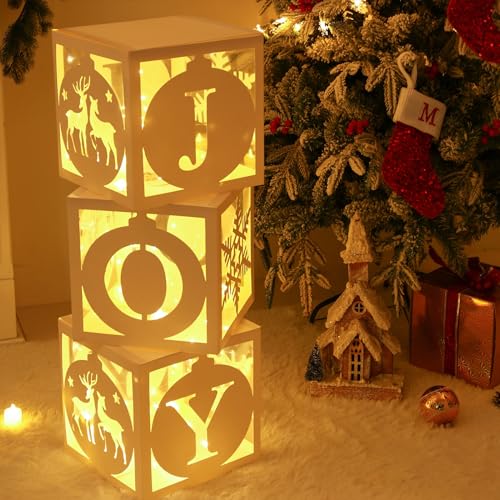 Light Up Christmas Decorations Indoor - 3pcs White Hollow-Out Paper Joy Boxes with Warm Light String, Holiday Fireplace Ch...