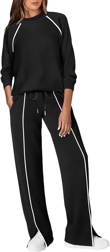 WIHOLL Lounge Sets for Women 2 Piece Fall Outfits 2025 Wide Leg Pant Matching Sets Womens Clothing