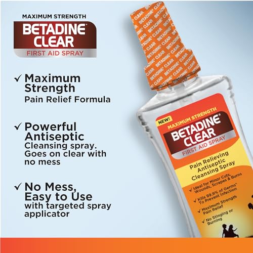 Betadine Clear First Aid Spray, Max Strength Pain Relieving Antiseptic Cleansing Spray, No Stinging, Kills 99.9% of Germ...