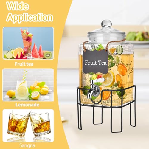 1.5 Gallon Glass Drink Dispenser, Drink Dispensers for Parties, Beverage Dispenser with Stand and Glass Lid, 100% Leakproo...