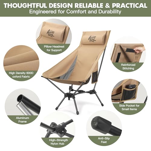 AuroraTrail High Back Folding Camping Chair with Pillow – Lightweight Portable Outdoor Chair with Cup Holder & Carry Bag, ...