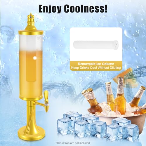 JAYGOVAN Beer Dispenser 3L/102oz Beer Beverage Dispenser with Ice Tube and LED Light Mimosa Tower with Spigot, Gold Clear ...