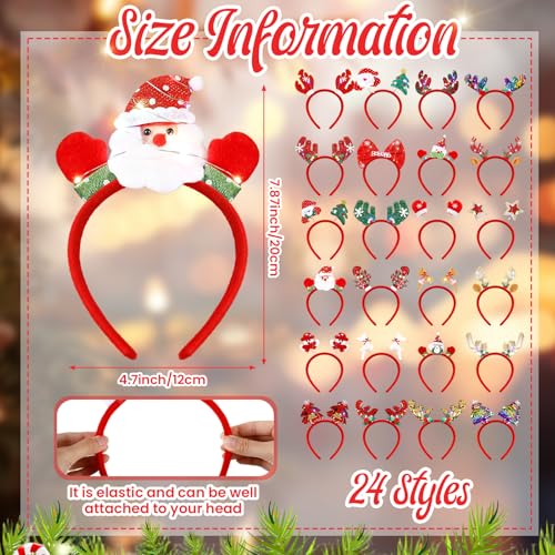 Jexine 24 Pcs Christmas Light up Headbands LED Christmas Headbands with Different Designs Reindeer Antler Santa Hat Tree X...