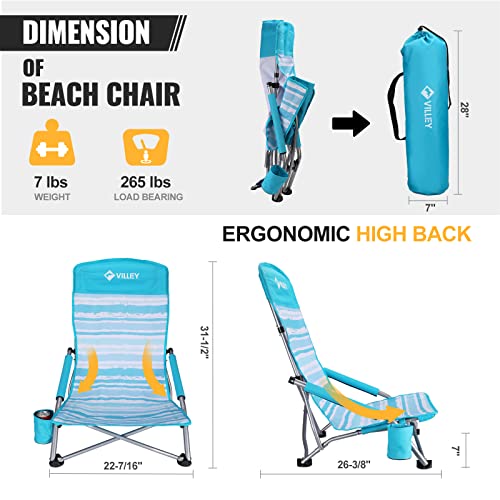 VILLEY Low Beach Chair, High Back Folding Beach Chair for Adults Portable Mini Folding Beach Table, Ultralight Aluminum Si...
