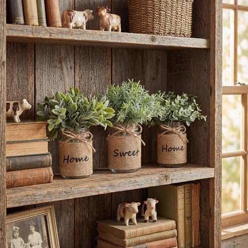 Suncalla 3 Pcs Spring Mason Jar Table Centerpiece Decor Small Fake Plants Farmhouse Rustic Burlap Vases Artificial Eucalyp...