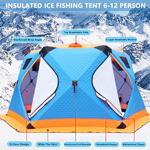 Large Insulated Ice Fishing Tent with Stove Jack – Warm Shelter for 6-12 People, Windproof, Double-Zipper Doors, 4 Vents, ...