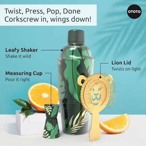 New - OTOTO Sip Safari Jungle Cocktail Shaker Set - Bartender Kit with Lion Cap, Bar Cart Accessories, Bartender Bar Acces...