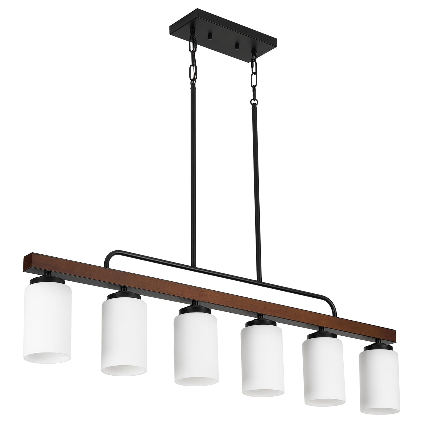 Farmhouse Dining Room Light Fixture Over Table, Black 6-Light Wood Kitchen Island Lighting with Milk White Glass, Industrial Linear Chandelier Pendant Lights