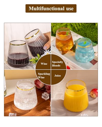 Goodluck 36 Pack 12oz Stemless Plastic Wine Glasses – Clear Ribbed Cups with Gold Rim, Fancy Reusable Disposable Drinkware...