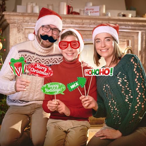 32 Pcs Christmas Photo Booth Props Kit - Merry Christmas Photo Props for Photography, DIY Fun Xmas Photobooth Photoshoot P...