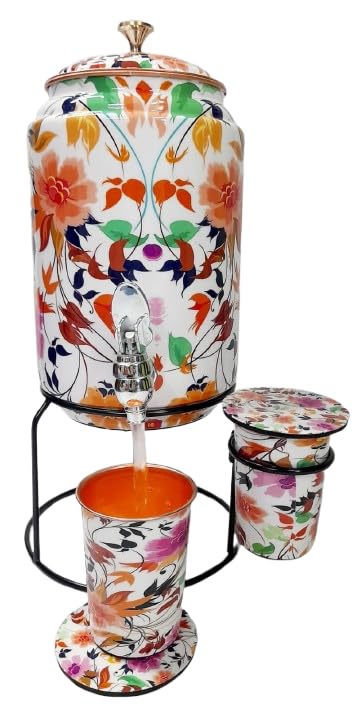 Ornate International Pure Copper Water Dispenser 5 Litre (5000ml) with Stand & Tap | Floral Printed Design | Includes 2 Co...
