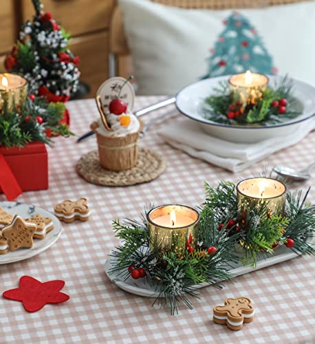Christmas Candle Ring, 4 Pcs Votive Candle with Red Berry Pinecone, Xmas Ring Candle for Table Centerpiece Decoration Wedd...