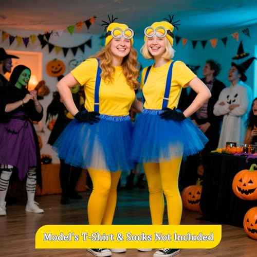 5 Pcs Halloween Costumes for Adult Women Girls Yellow Beanie Tutu Goggles Gloves Suspenders - Cosplay Party Dress Up Set