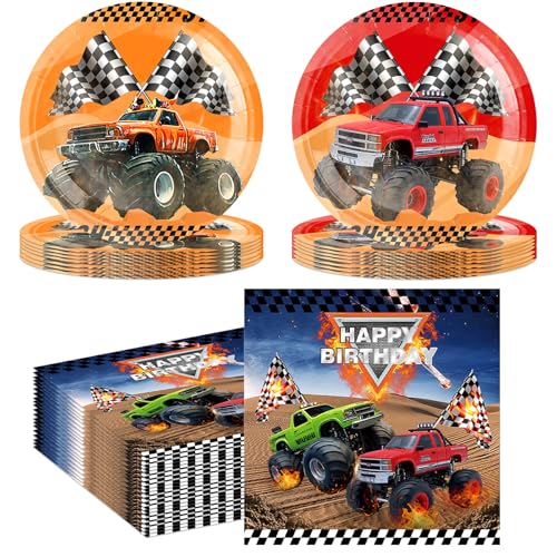 40PCS Monster Truck Party Supplies Decorations Birthday Paper Plates and Napkins Car Themed Party Decorations Disposable D...
