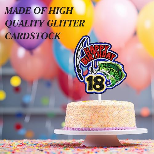 Fishing Cake Topper 18th Birthday Happy Bass Big Fish Decorations, Lake Adventure Fishing Rod Theme Birthday Party for Men...