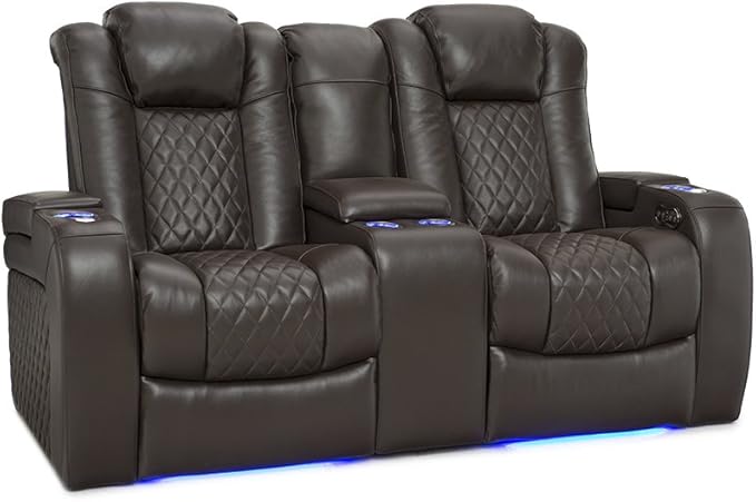 Seatcraft Anthem Home Theater Seating - Italian Leather - Power Recline Loveseat - Center Storage Console - Powered Headrests - Arm Storage - USB Charging - Cup Holders, Brown