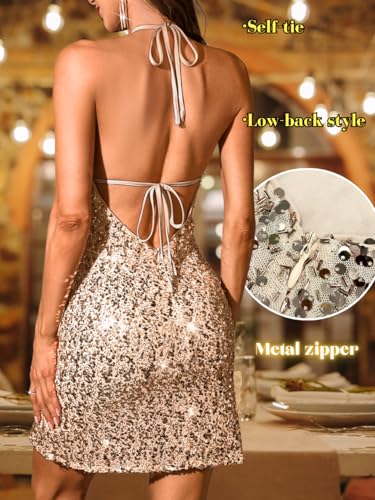 ShawGobow Sequin Mini Dress,Halter Backless Sexy Dresses for Women,Sparkly Outfits Cocktail Birthday Party Nye