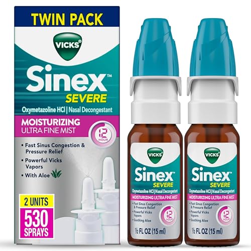 Vicks Sinex Severe Nasal Spray, Moisturizing Ultra Fine Mist with Aloe, Decongestant Medicine, Relief from Stuffy Nose Due...