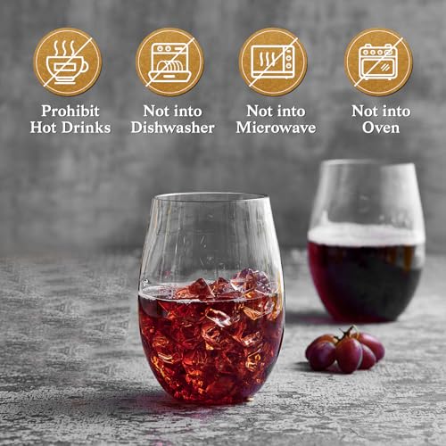 FOCUSLINE 20 Pack 16 Oz Plastic Wine Glasses, Stemless Plastic Wine Cups Heavy Duty, Unbreakable Disposable Wine Glasses f...