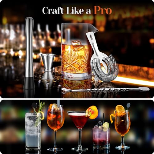 Cocktail Mixing Glass, veecom 18oz Crystal Bartender Kit, 5 Piece Bar Mixing Glass Old Fashioned Cocktail Kit with Straine...