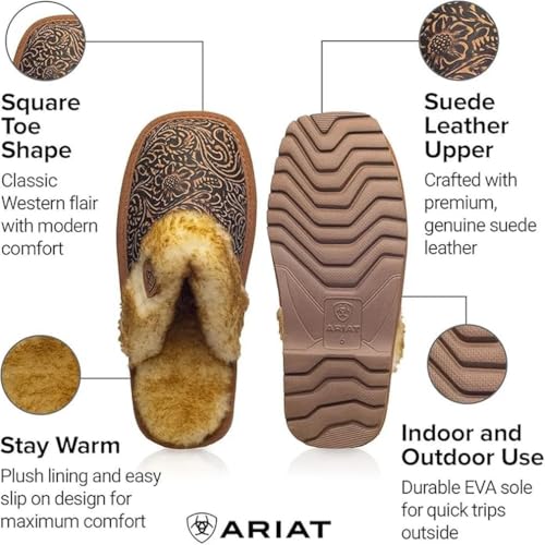 ARIAT Women's Jackie Square Toe Embossed Tooling Warm Soft Comfortable Genuine Full-grain Leather Slippers