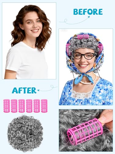 SOMSOC 7 Pieces Women Old Lady Costume with Dress Wig Headscarf Glasses Stockings Cane for Halloween, 100 Days of School