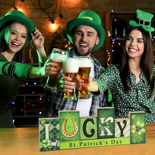 Valentine's Day & St. Patrick's Day Wooden Table Sign - LUCKY LOVE Reversible Tabletop Decor - Rustic Double-Sided Differe...