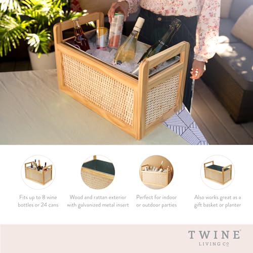 Twine Rattan and Wood Bottle Cooler Basket, Beverage Tubs for Parties, Beverage Chiller Ice Bucket for Drinks with Handle...
