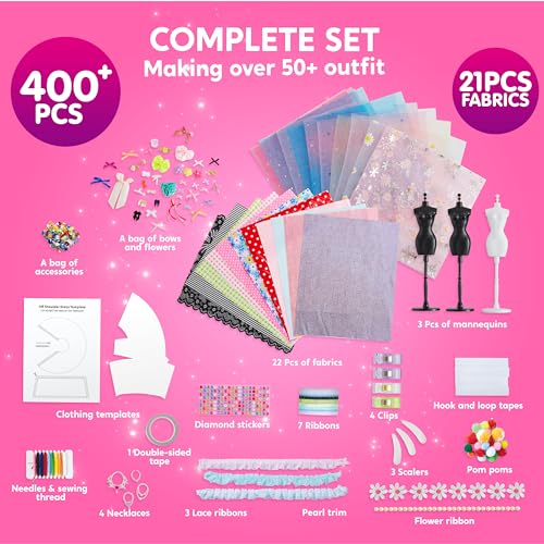 Klever Kits 400+PCS Fashion Design Crafts for Kids, Art and Crafts, DIY Sewing Kits with 3 Mannequins for Girls Aged 8-12,...