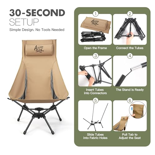 AuroraTrail High Back Folding Camping Chair with Pillow – Lightweight Portable Outdoor Chair with Cup Holder & Carry Bag, ...