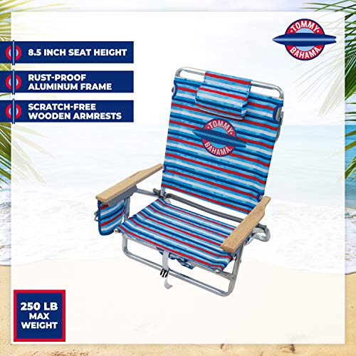 Tommy Bahama 5-Position Classic Lay Flat Folding Backpack Beach Chair, Aluminum, Red, White, and Blue Stripe