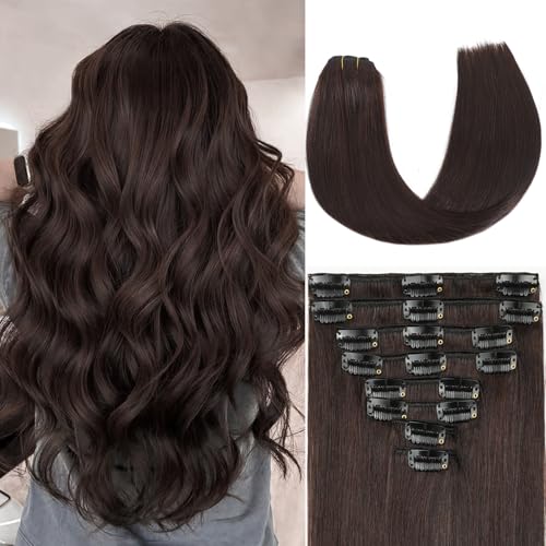 Dark Brown Clip in Hair Extensions Real Human Hair Invisible Seamless Remy Human Hair Clip in Extensions for Women 24 Inch 120g, 8pcs Per Set with Double Weft