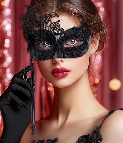 Maeaccx Black Masquerade Mask with Stick Lace Handheld Masks Mardi Gras Cosplay Fashion Shows for Women