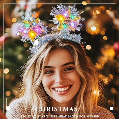 Firuilo Light Up Christmas Headband Glowing Star Tinsel HAairbands Happy New Year Headpieces Xmas Hair Accessories for Women