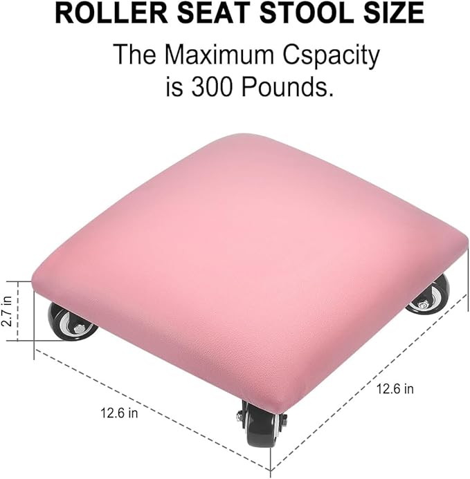 FLOLXNB Low Height Rolling Stool Low Roller Seat PU Leather Square Roller Seat Stool Low Rolling Chair for Home Office Fitness Garage (Pink)