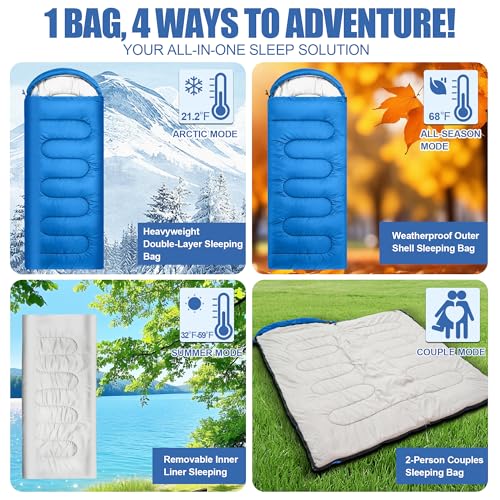 2-in-1 Detachable Sleeping Bag,Waterproof 4-Season Adult Sleeping Bags w/Removable Cotton Liner – Converts to 2 Lightweigh...