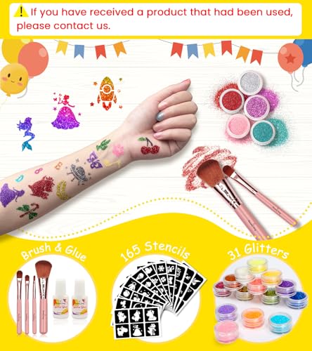 Temporary Glitter Tattoo Kids, Eleanore's Diary 31 Glitter Colors,165 Unique Stencils,2 Glue,4 Brushes,Adults & Kids Arts ...