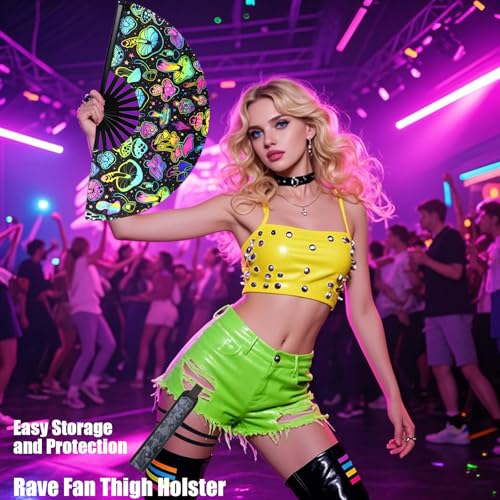 FEFURS 2PCS UV Glow Rave Fan,13in Large Folding Hand Rave Fan with 2 Rave Fan Thigh Holsters,Clack Fan for Line Dancing,Mu...