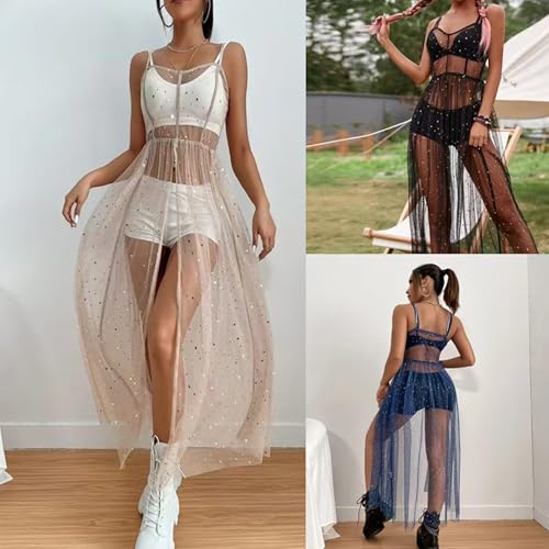 Mluiov Women's Tulle Sheer Mesh Sequin Swimsuit Cover Up Sparkly Flowy Long Maxi Slit Dress Rave Festival Sexy Outfits